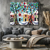 Painting by numbers art trees in front of colorful houses